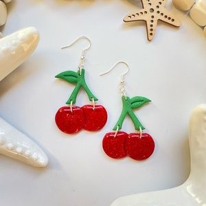 Sparkly red glitter cherry dangle earrings